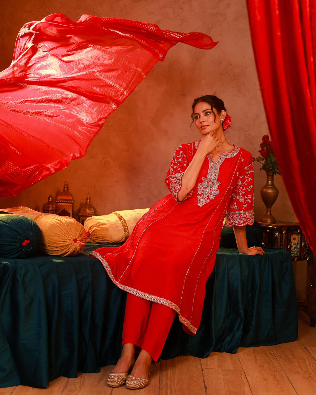 Juniper Magenta Man Made Fiber Flared Kurta Pant And Dupatta Set With Zari, Mirror, Thread & Sequin Work - Distacart