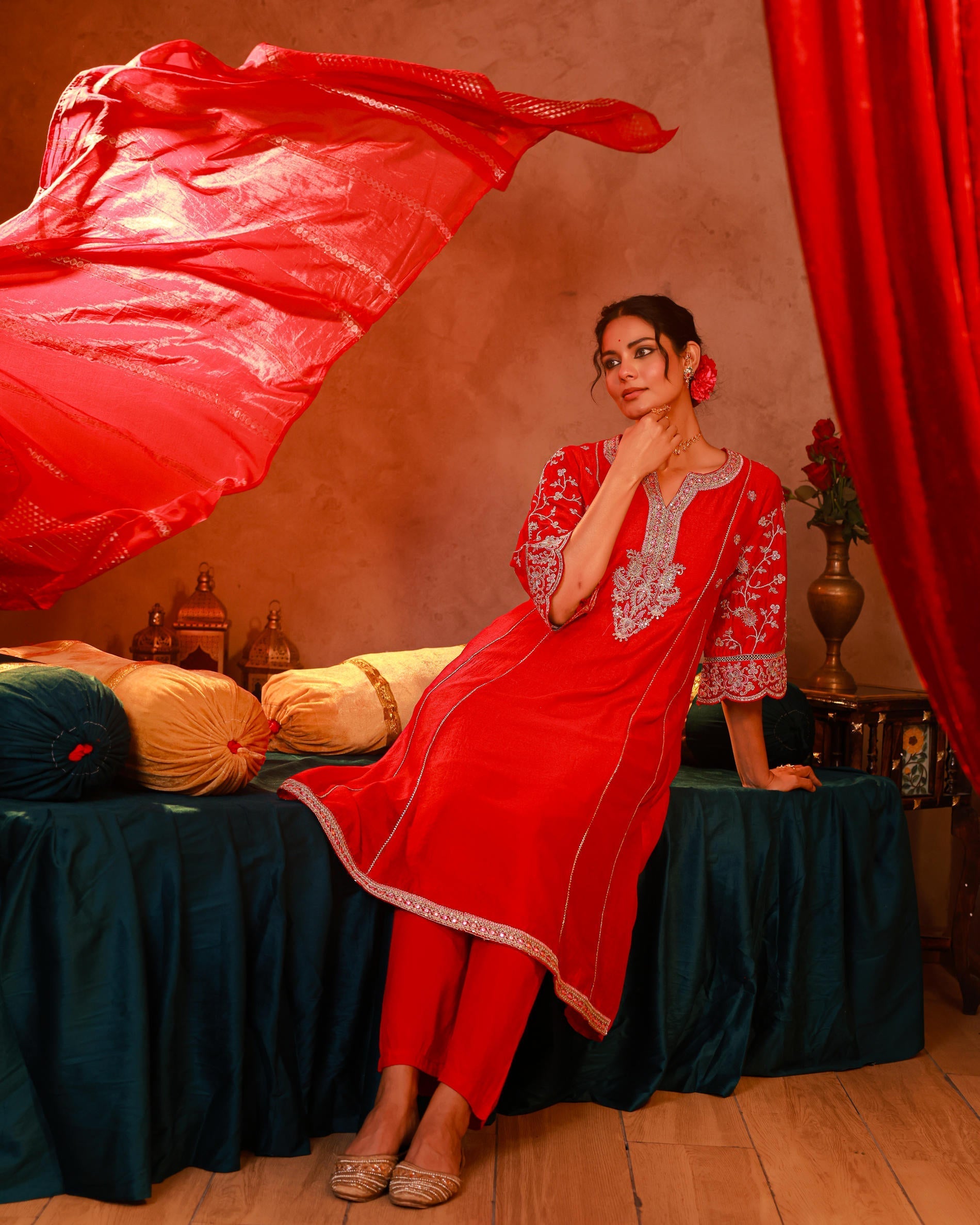 Juniper Magenta Man Made Fiber Flared Kurta Pant And Dupatta Set With Zari, Mirror, Thread & Sequin Work - Distacart