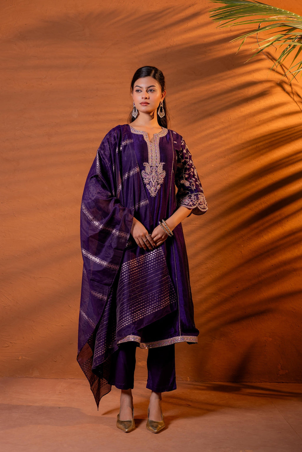 Juniper Purple Manmade Fiber Flared Kurta Pant And Dupatta Set With Zari, Mirror, Thread & Sequin Work - Distacart