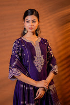 Juniper Purple Manmade Fiber Flared Kurta Pant And Dupatta Set With Zari, Mirror, Thread & Sequin Work - Distacart