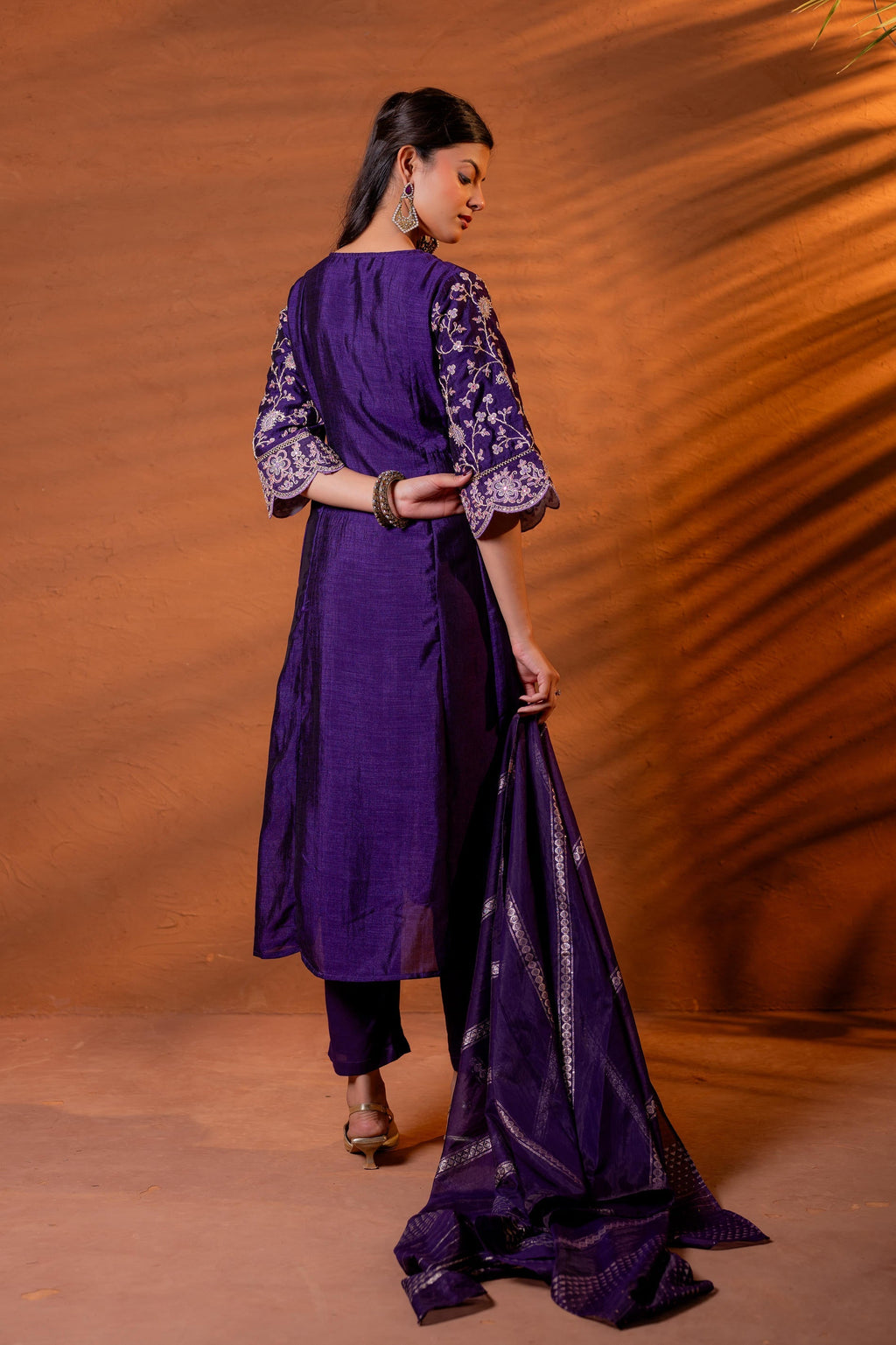 Juniper Purple Manmade Fiber Flared Kurta Pant And Dupatta Set With Zari, Mirror, Thread & Sequin Work - Distacart