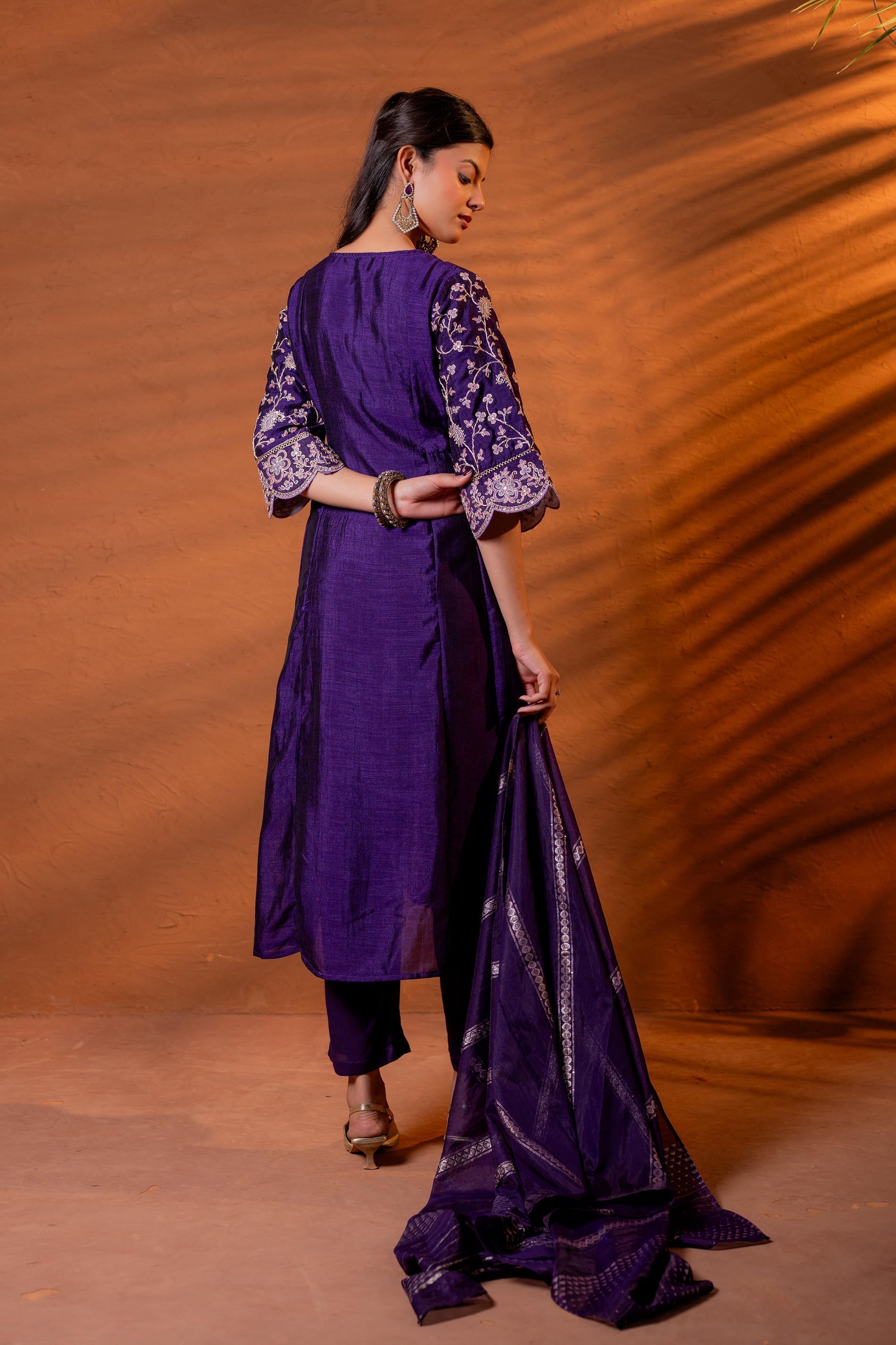 Juniper Purple Manmade Fiber Flared Kurta Pant And Dupatta Set With Zari, Mirror, Thread & Sequin Work - Distacart