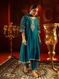 Juniper Turquoise Man Made Fiber Flared Kurta Pant And Dupatta Set With Zari, Mirror, Thread & Sequin Work - Distacart