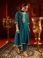 Juniper Turquoise Man Made Fiber Flared Kurta Pant And Dupatta Set With Zari, Mirror, Thread & Sequin Work - Distacart