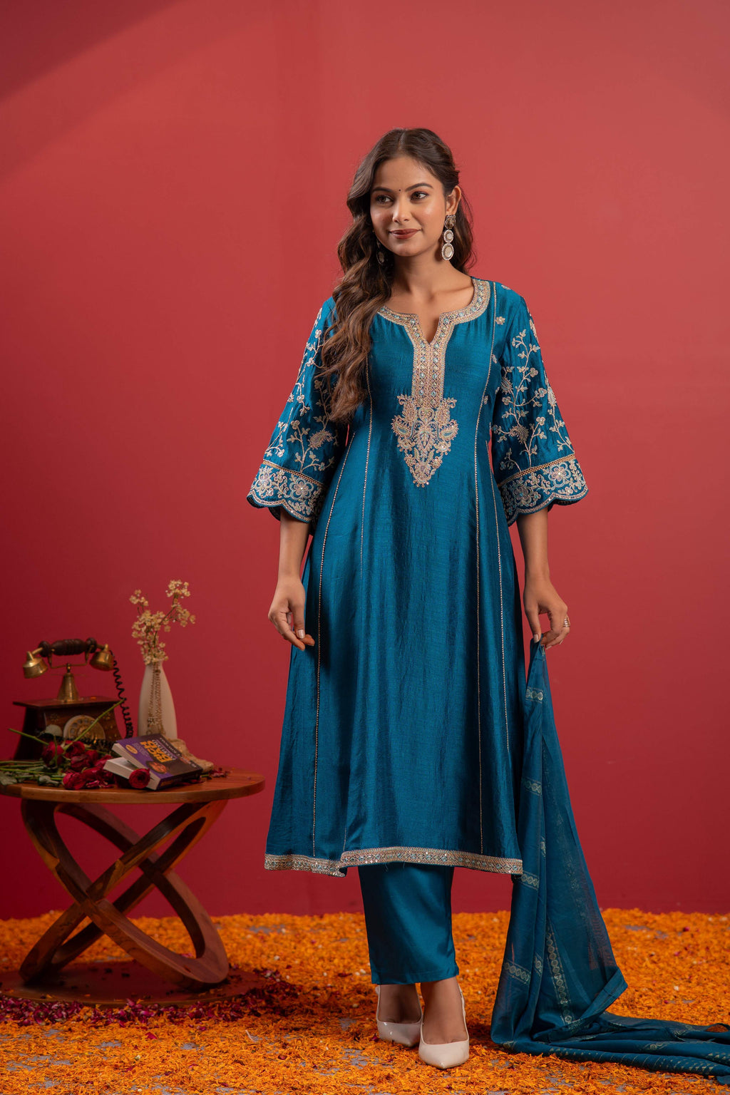 Juniper Turquoise Man Made Fiber Flared Kurta Pant And Dupatta Set With Zari, Mirror, Thread & Sequin Work - Distacart
