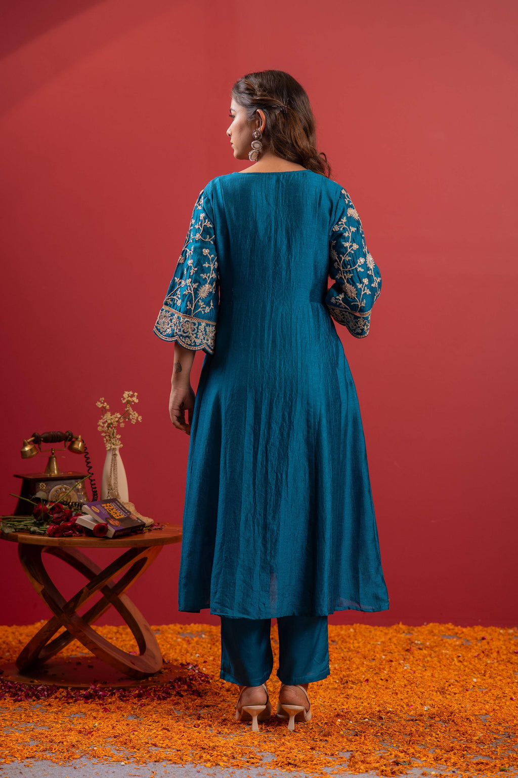 Juniper Turquoise Man Made Fiber Flared Kurta Pant And Dupatta Set With Zari, Mirror, Thread & Sequin Work - Distacart