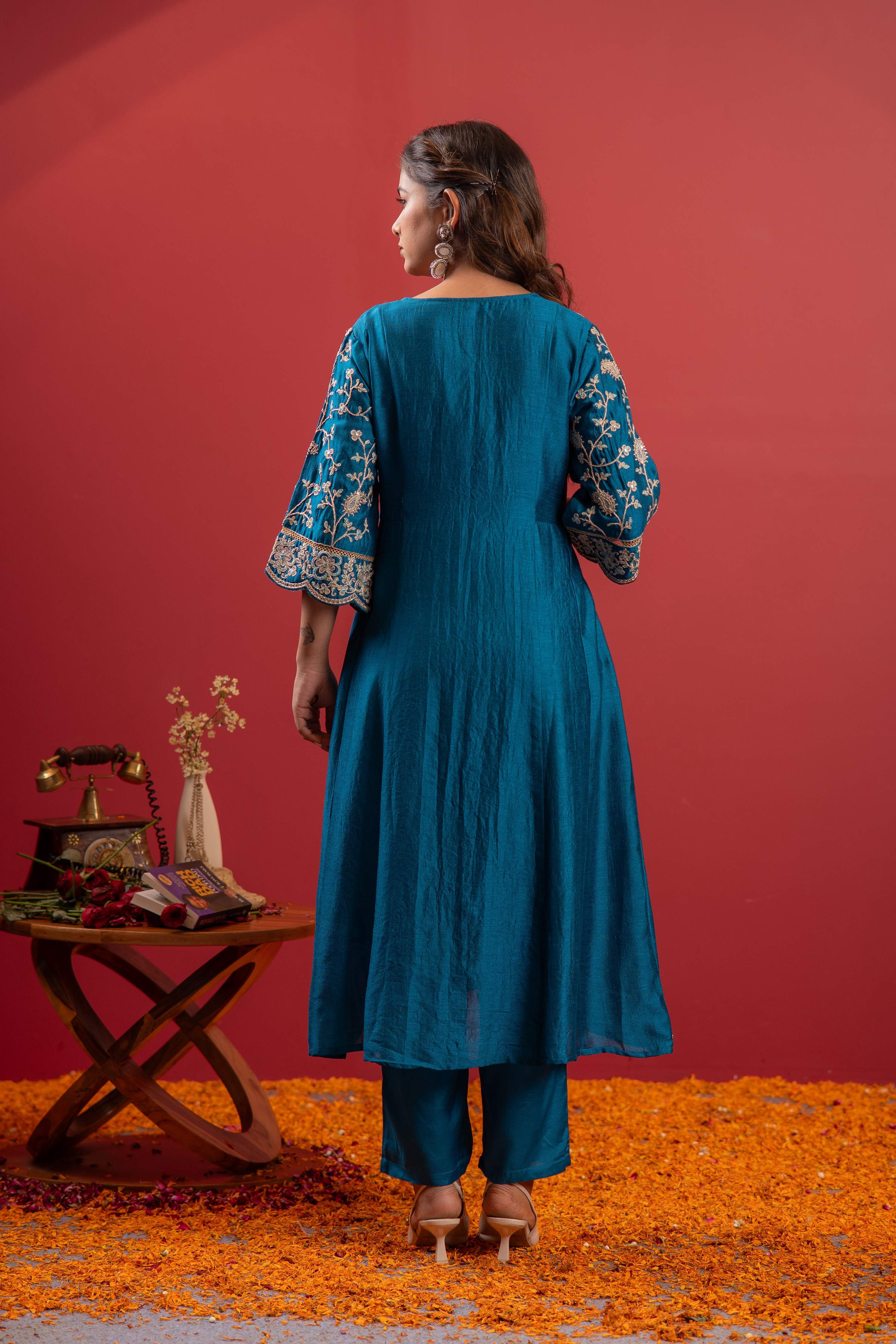 Juniper Turquoise Man Made Fiber Flared Kurta Pant And Dupatta Set With Zari, Mirror, Thread & Sequin Work - Distacart