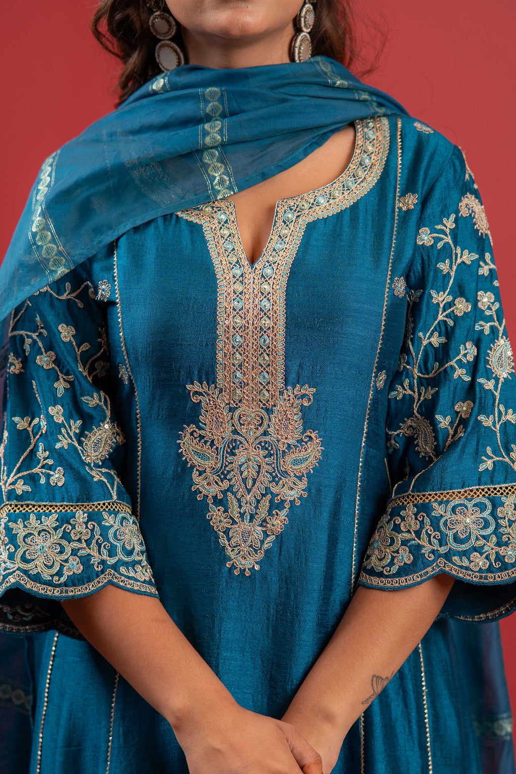 Juniper Turquoise Man Made Fiber Flared Kurta Pant And Dupatta Set With Zari, Mirror, Thread & Sequin Work - Distacart