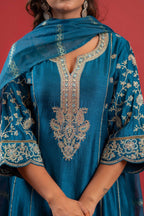 Juniper Turquoise Man Made Fiber Flared Kurta Pant And Dupatta Set With Zari, Mirror, Thread & Sequin Work - Distacart