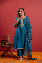 Juniper Turquoise Man Made Fiber Flared Kurta Pant And Dupatta Set With Zari, Mirror, Thread & Sequin Work - Distacart
