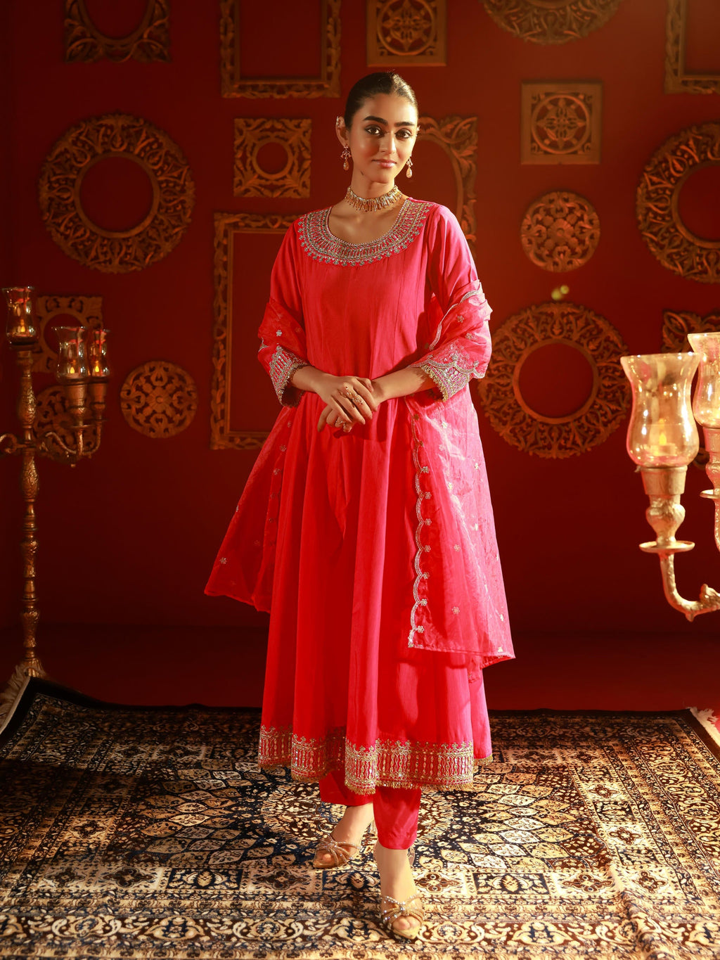 Juniper Fuchsia Viscose Flared Kurta With Pants & Dupatta Set With Zari & Sequence Work - Distacart