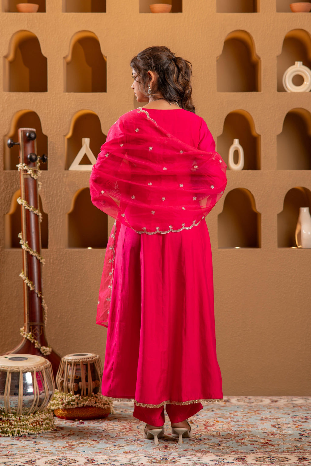 Juniper Fuchsia Viscose Flared Kurta With Pants & Dupatta Set With Zari & Sequence Work - Distacart