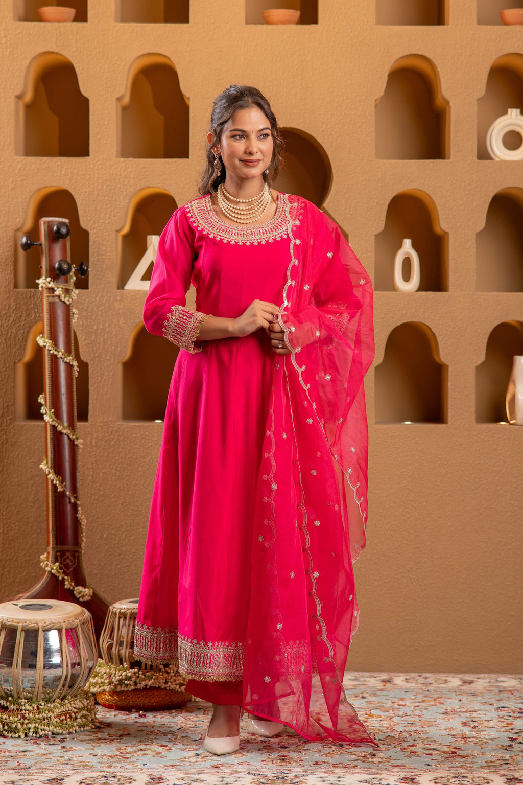 Juniper Fuchsia Viscose Flared Kurta With Pants & Dupatta Set With Zari & Sequence Work - Distacart