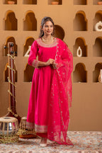 Juniper Fuchsia Viscose Flared Kurta With Pants & Dupatta Set With Zari & Sequence Work - Distacart
