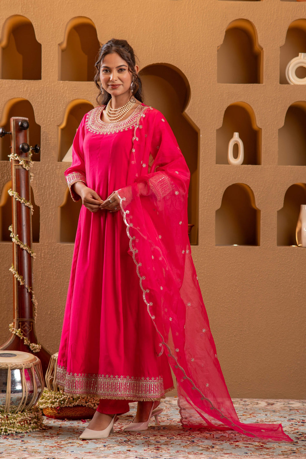 Juniper Fuchsia Viscose Flared Kurta With Pants & Dupatta Set With Zari & Sequence Work - Distacart