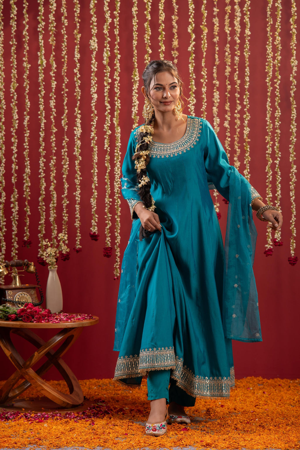 Juniper Aqua Blue Viscose Flared Kurta With Pants & Dupatta Set With Zari & Sequence Work - Distacart