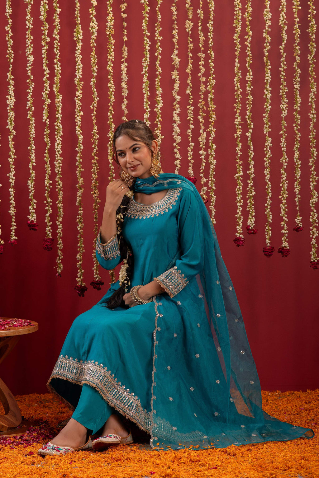 Juniper Aqua Blue Viscose Flared Kurta With Pants & Dupatta Set With Zari & Sequence Work - Distacart