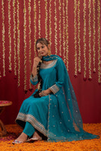 Juniper Aqua Blue Viscose Flared Kurta With Pants & Dupatta Set With Zari & Sequence Work - Distacart