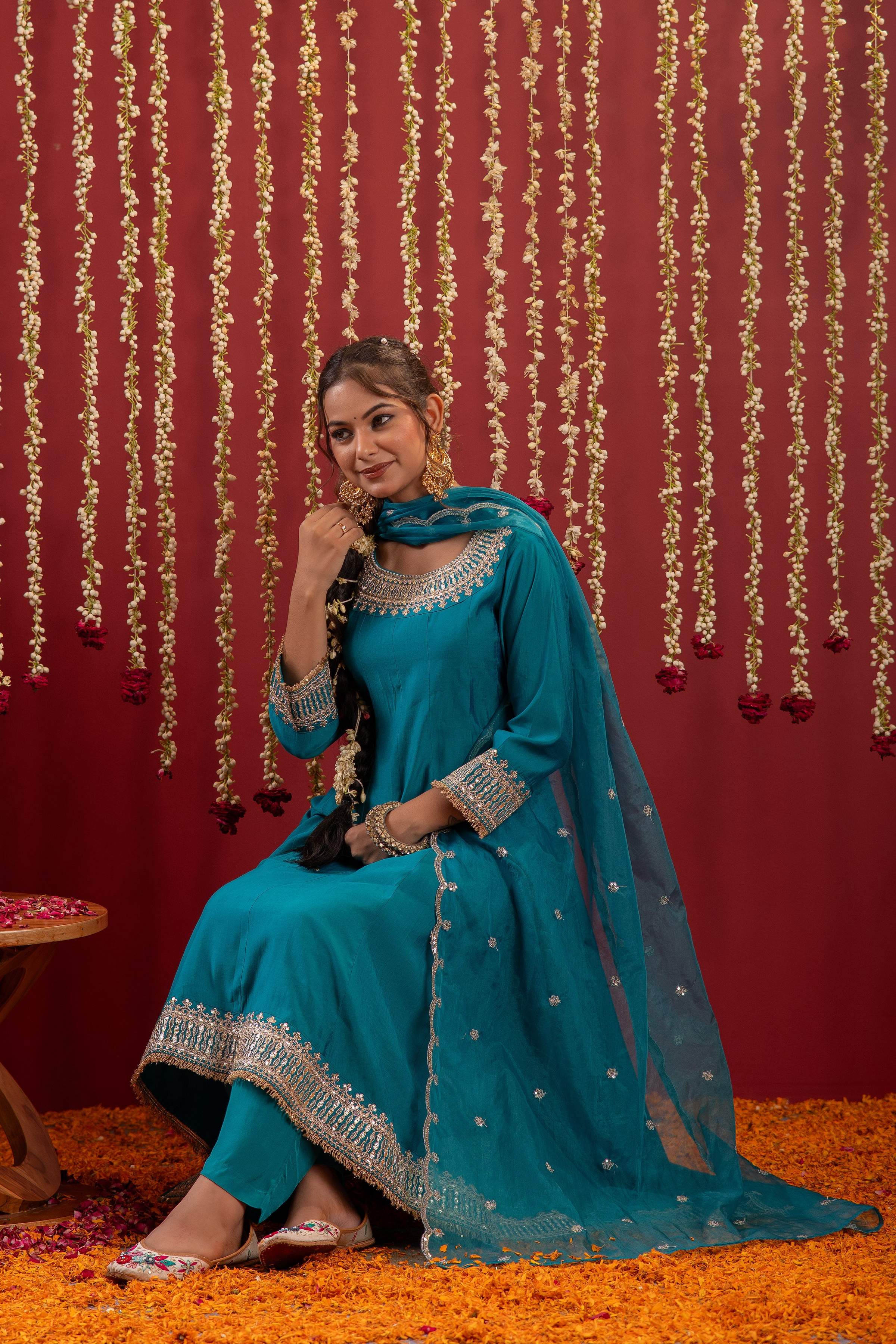 Juniper Aqua Blue Viscose Flared Kurta With Pants & Dupatta Set With Zari & Sequence Work - Distacart