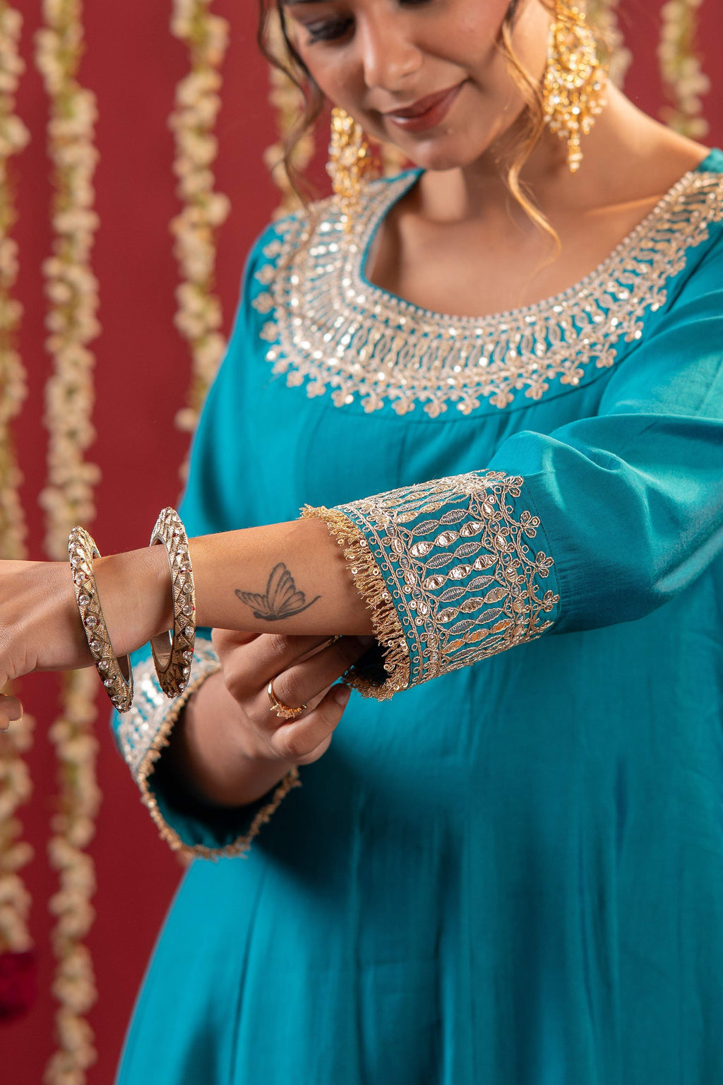 Juniper Aqua Blue Viscose Flared Kurta With Pants & Dupatta Set With Zari & Sequence Work - Distacart