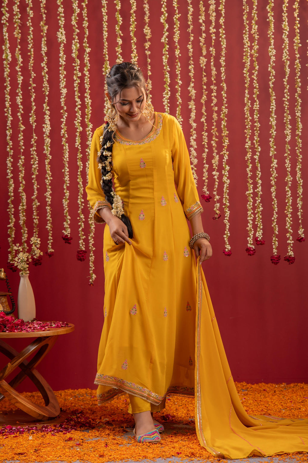 Juniper Mustard Magic Anarkali Kurta Pant And Dupatta Set - Distacart
