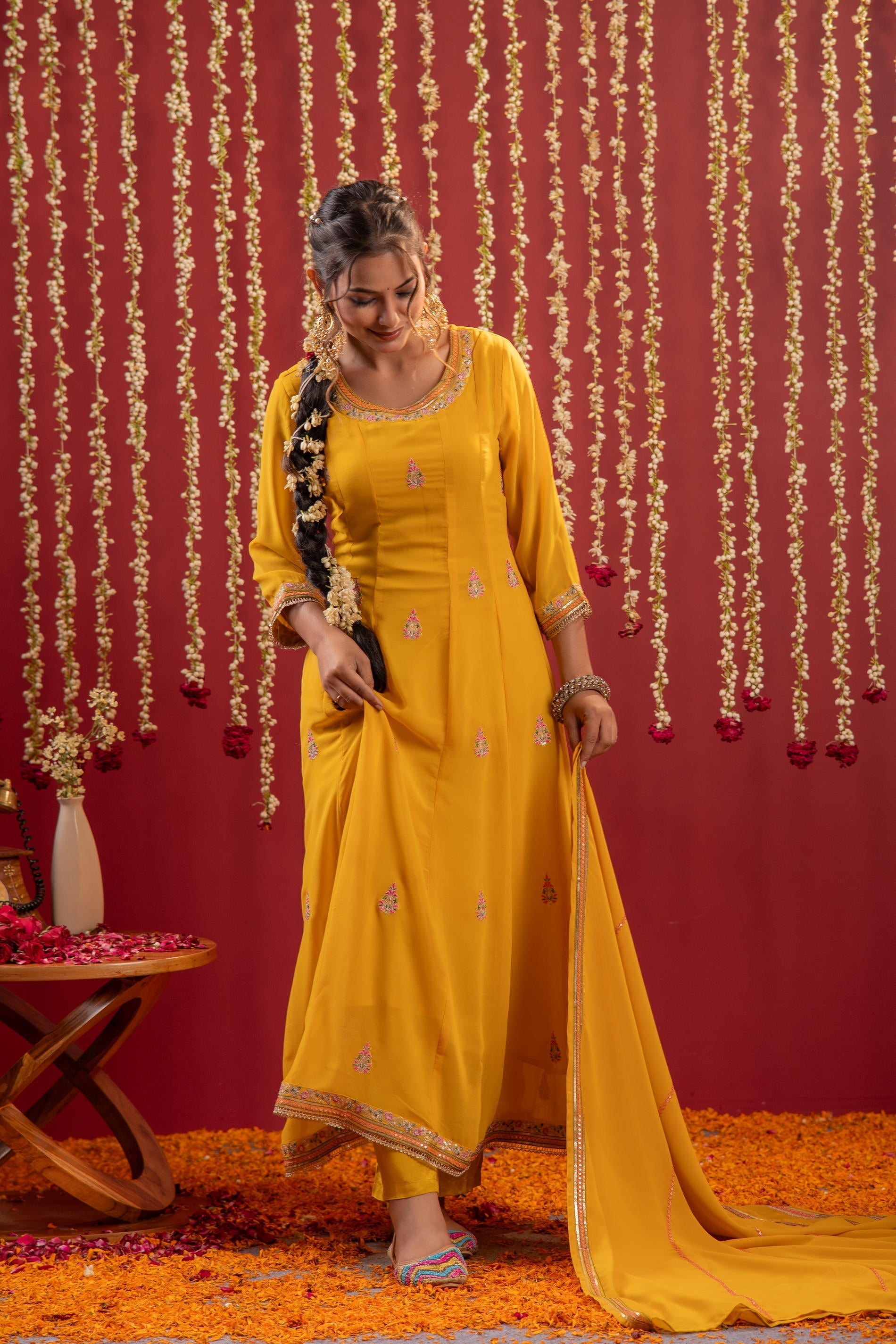 Juniper Mustard Magic Anarkali Kurta Pant And Dupatta Set - Distacart