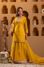 Juniper Mustard Viscose Flared Kurta With Palazzo & Dupatta Set With Mirror, Thread & Zari Work - Distacart