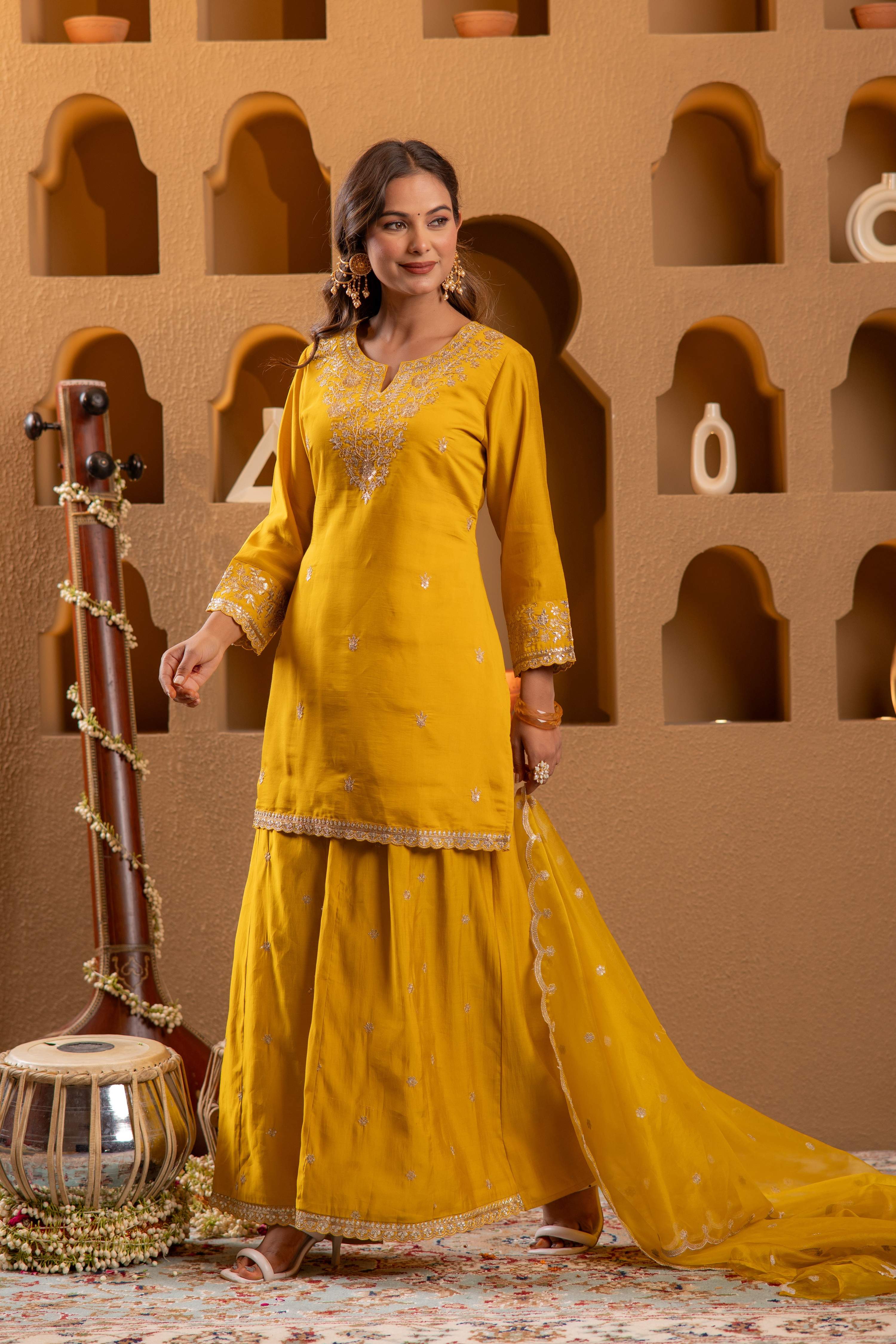 Juniper Mustard Viscose Flared Kurta With Palazzo & Dupatta Set With Mirror, Thread & Zari Work - Distacart