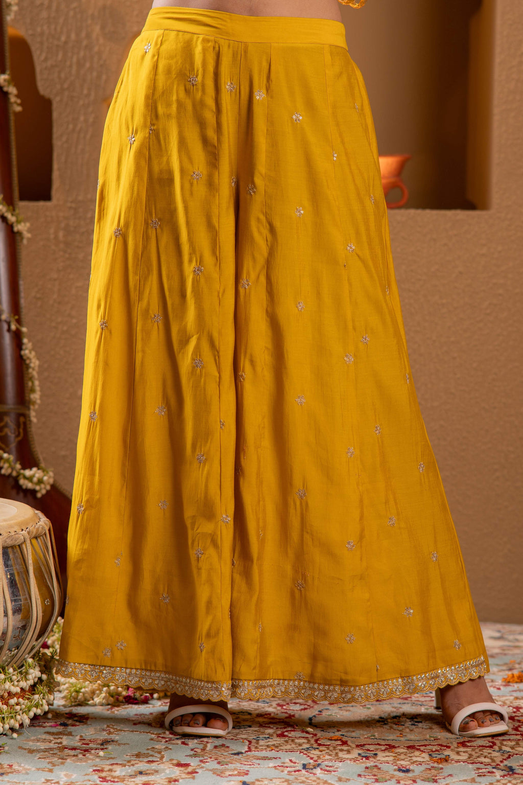 Juniper Mustard Viscose Flared Kurta With Palazzo & Dupatta Set With Mirror, Thread & Zari Work - Distacart