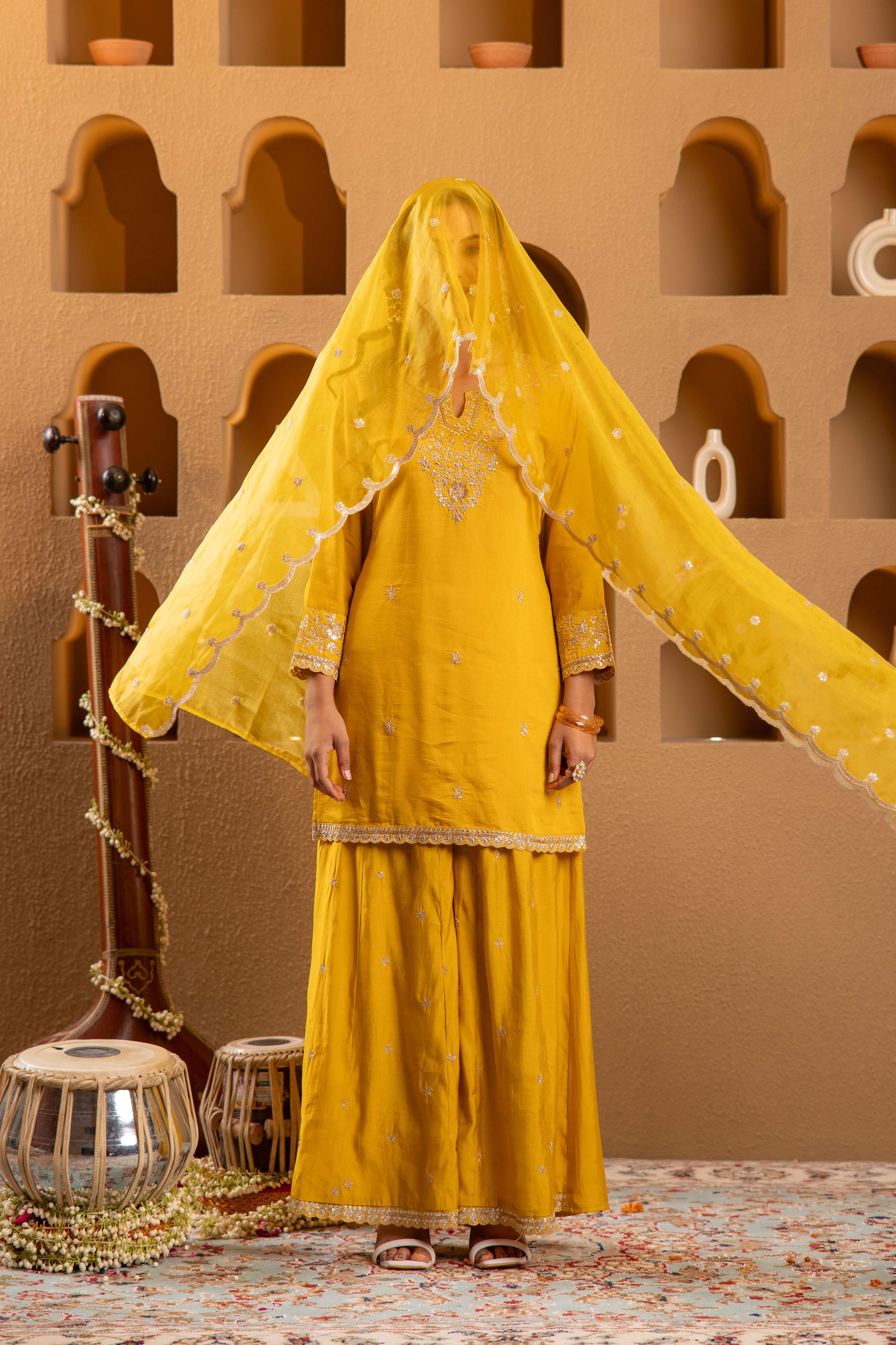 Juniper Mustard Viscose Flared Kurta With Palazzo & Dupatta Set With Mirror, Thread & Zari Work - Distacart