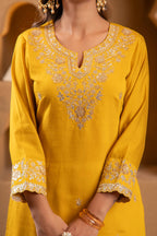 Juniper Mustard Viscose Flared Kurta With Palazzo & Dupatta Set With Mirror, Thread & Zari Work - Distacart