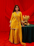 Juniper Mustard Viscose Flared Kurta With Palazzo & Dupatta Set With Mirror, Thread & Zari Work - Distacart