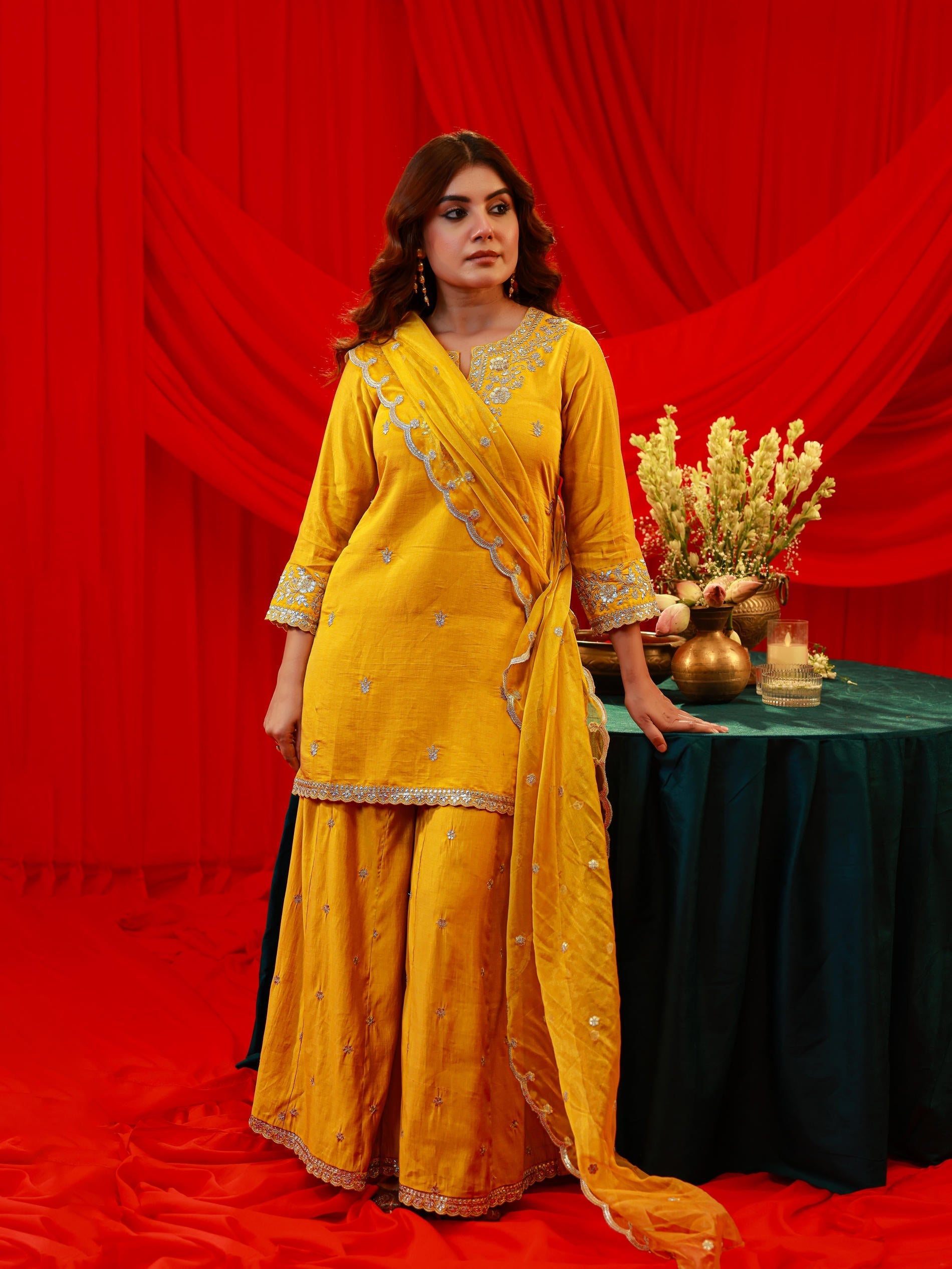 Juniper Mustard Viscose Flared Kurta With Palazzo & Dupatta Set With Mirror, Thread & Zari Work - Distacart