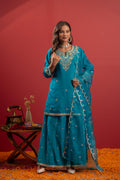 Juniper Rama Green Embroidered Kurta With Palazzo & Dupatta Set - Distacart