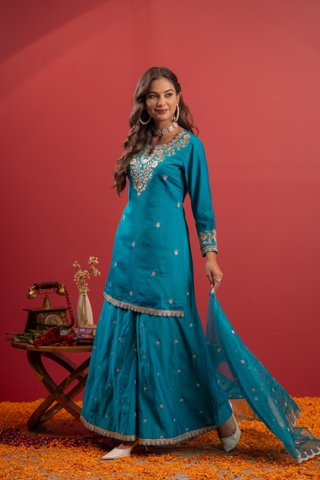 Juniper Rama Green Embroidered Kurta With Palazzo & Dupatta Set - Distacart