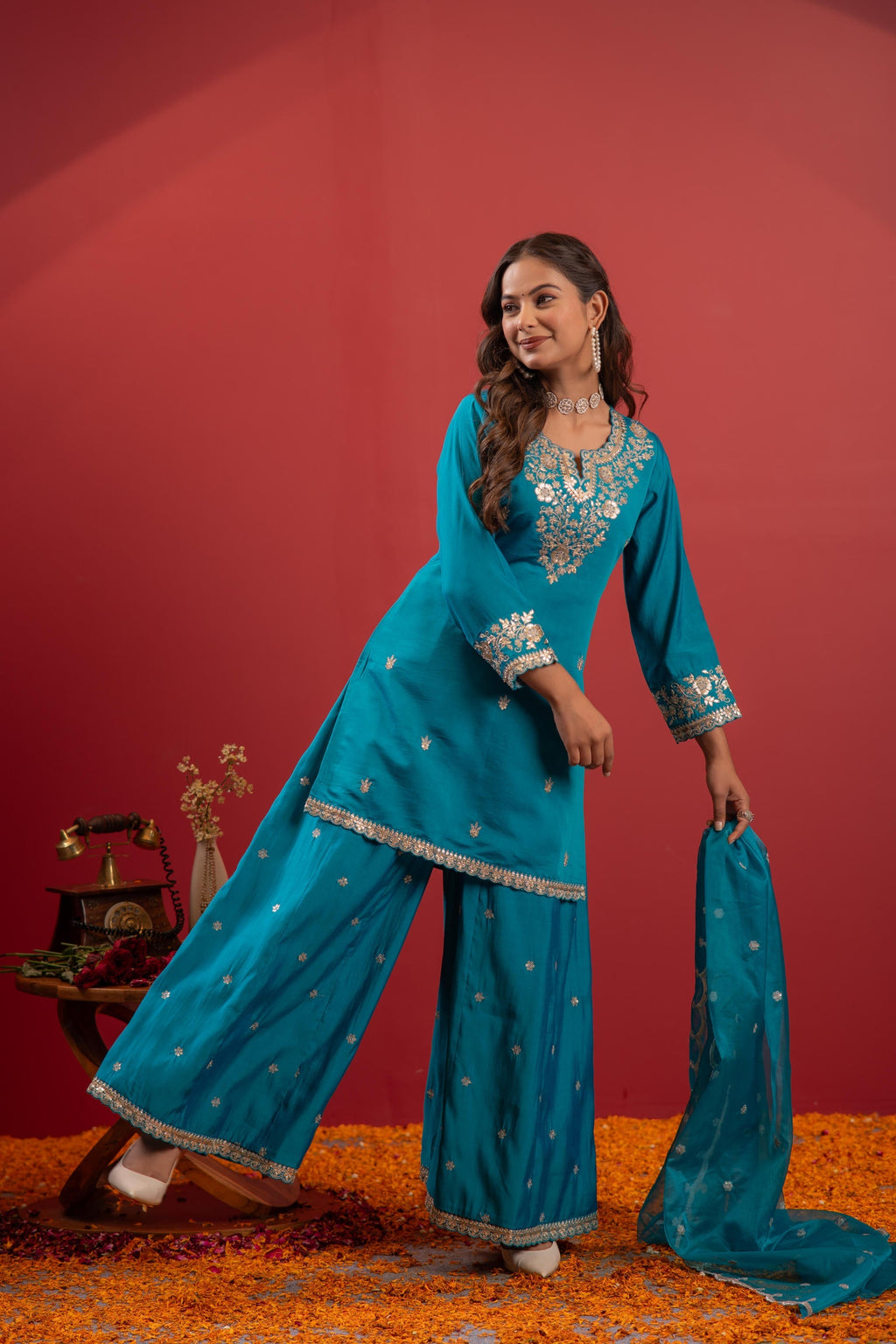 Juniper Rama Green Embroidered Kurta With Palazzo & Dupatta Set - Distacart