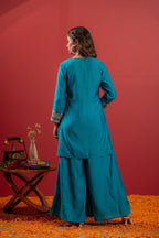 Juniper Rama Green Embroidered Kurta With Palazzo & Dupatta Set - Distacart