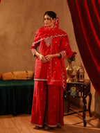 Juniper Red Viscose Flared Kurta With Palazzo & Dupatta Set With Mirror, Thread & Zari Work - Distacart