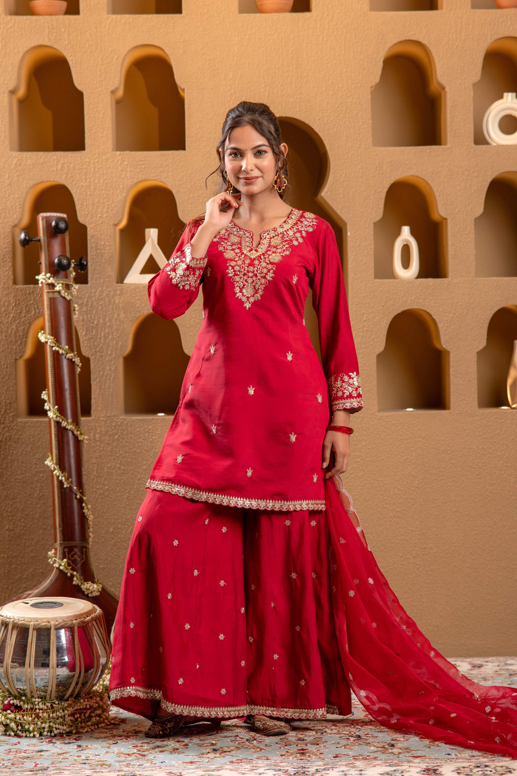 Juniper Red Viscose Flared Kurta With Palazzo & Dupatta Set With Mirror, Thread & Zari Work - Distacart