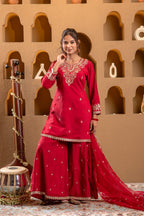 Juniper Red Viscose Flared Kurta With Palazzo & Dupatta Set With Mirror, Thread & Zari Work - Distacart