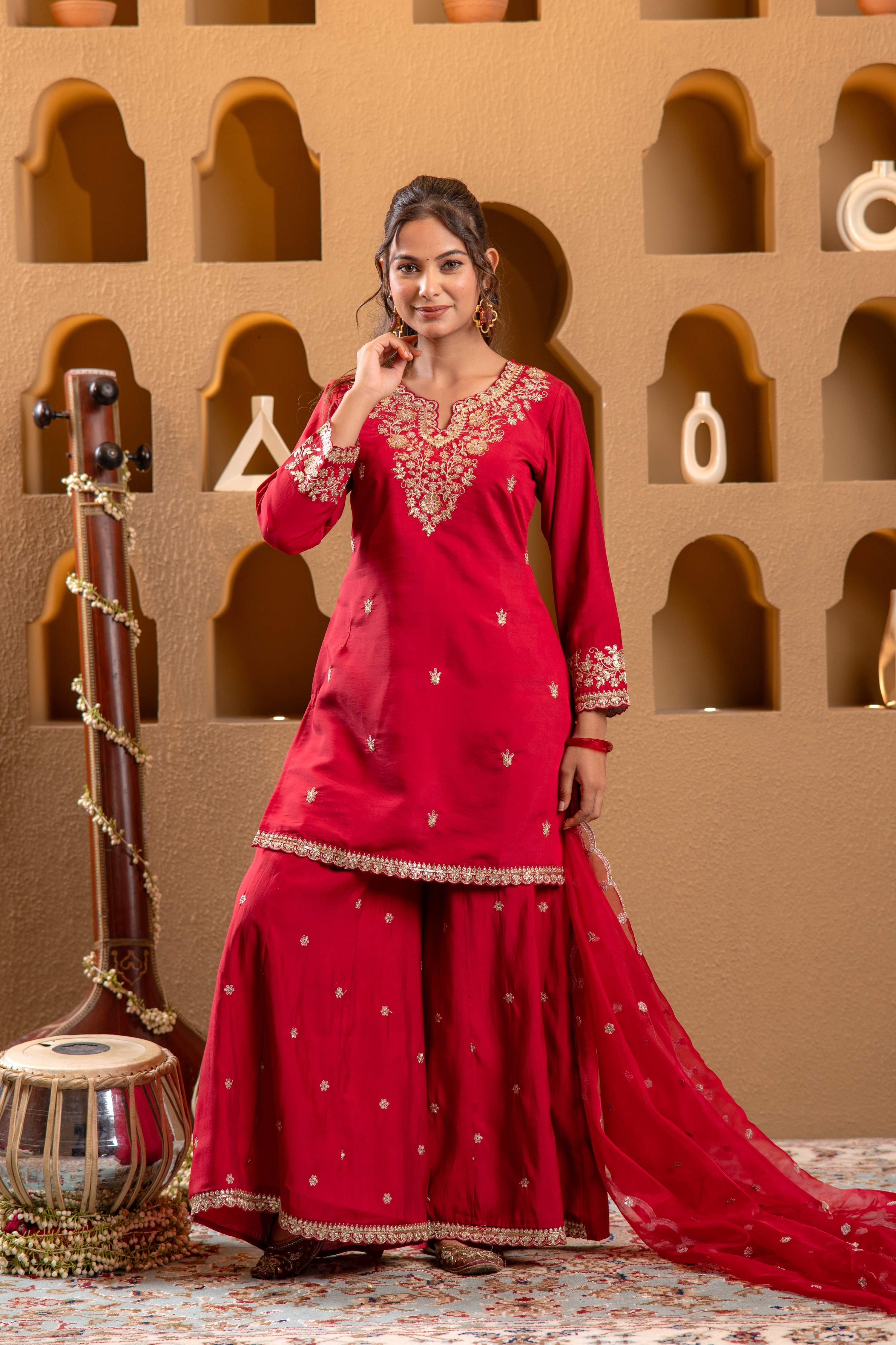 Juniper Red Viscose Flared Kurta With Palazzo & Dupatta Set With Mirror, Thread & Zari Work - Distacart