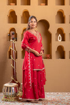 Juniper Red Viscose Flared Kurta With Palazzo & Dupatta Set With Mirror, Thread & Zari Work - Distacart