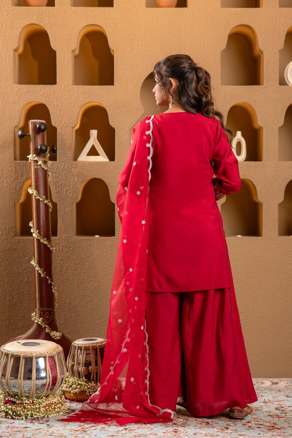 Juniper Red Viscose Flared Kurta With Palazzo & Dupatta Set With Mirror, Thread & Zari Work - Distacart
