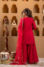 Juniper Red Viscose Flared Kurta With Palazzo & Dupatta Set With Mirror, Thread & Zari Work - Distacart