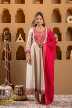 Juniper Ivory Anarkali Kurta Set With Pink Thread Embroidery & Dupatta - Distacart