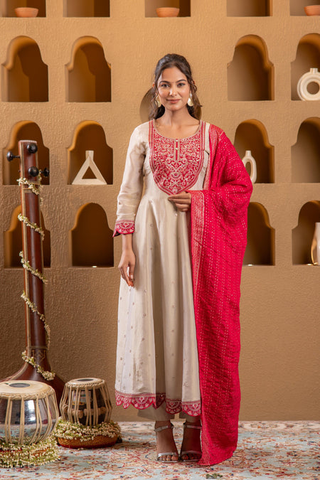 Juniper Ivory Anarkali Kurta Set With Pink Thread Embroidery & Dupatta