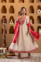 Juniper Ivory Anarkali Kurta Set With Pink Thread Embroidery & Dupatta - Distacart