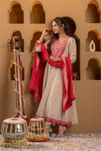 Juniper Ivory Anarkali Kurta Set With Pink Thread Embroidery & Dupatta - Distacart