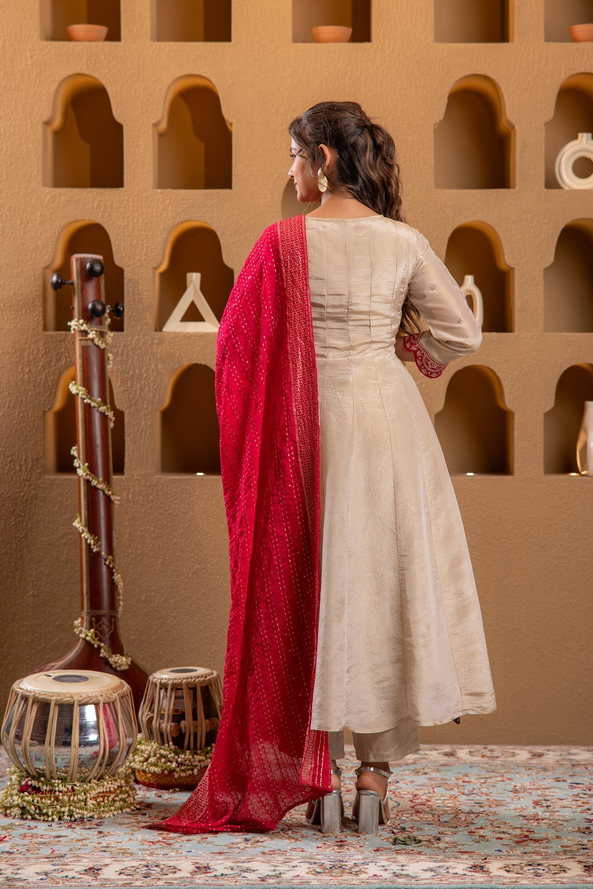 Juniper Ivory Anarkali Kurta Set With Pink Thread Embroidery & Dupatta - Distacart