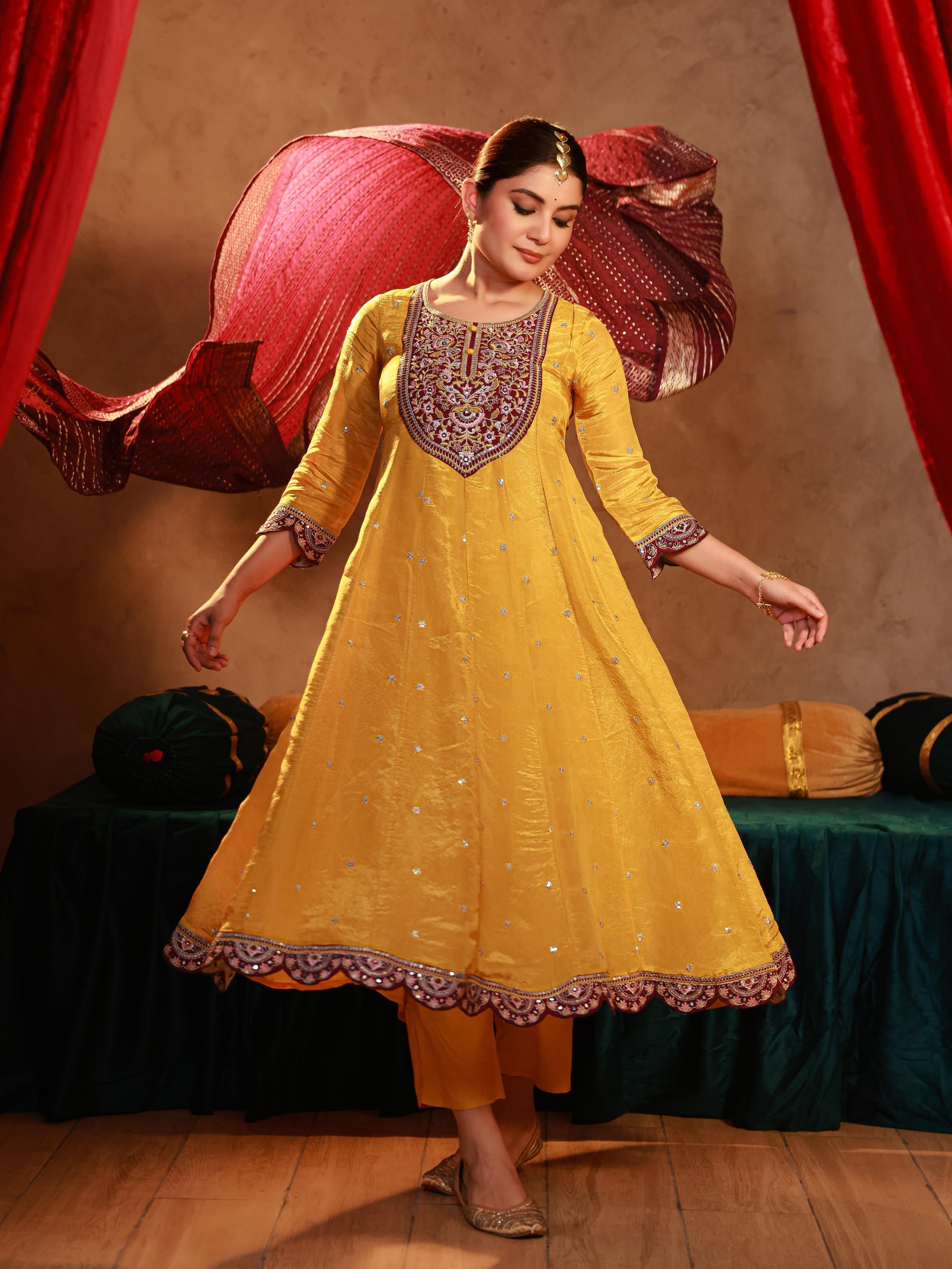 Juniper Mustard Nylon Flared Kurta Pant And Dupatta Set With Zari, Mirror, Thread & Sequin Work - Distacart